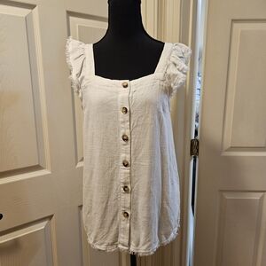 Doe & Rae White Ruffle Sleeve Button Up Top Size Medium Frayed Hem Boho Cottage